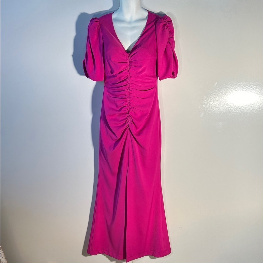 Black Halo EVE SZ10 Designer Fuchsia Ruched Maxi Dress Chic Formal Party Minimal